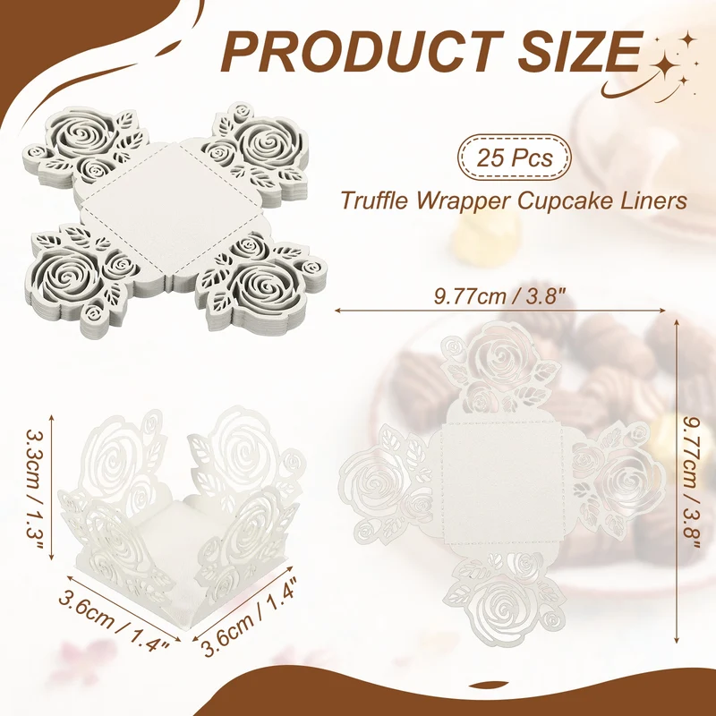 25Pcs 1.4x1.4" Rose Shape Truffle Wrapper Cupcake Liners for Decor, White