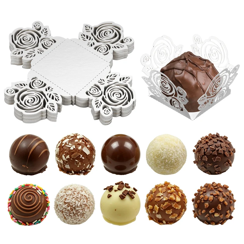 25Pcs 1.4x1.4" Rose Shape Truffle Wrapper Cupcake Liners for Decor, Silver