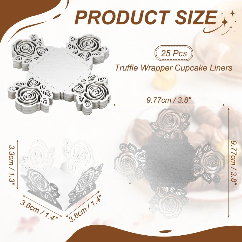 25Pcs 1.4x1.4" Rose Shape Truffle Wrapper Cupcake Liners for Decor, Silver