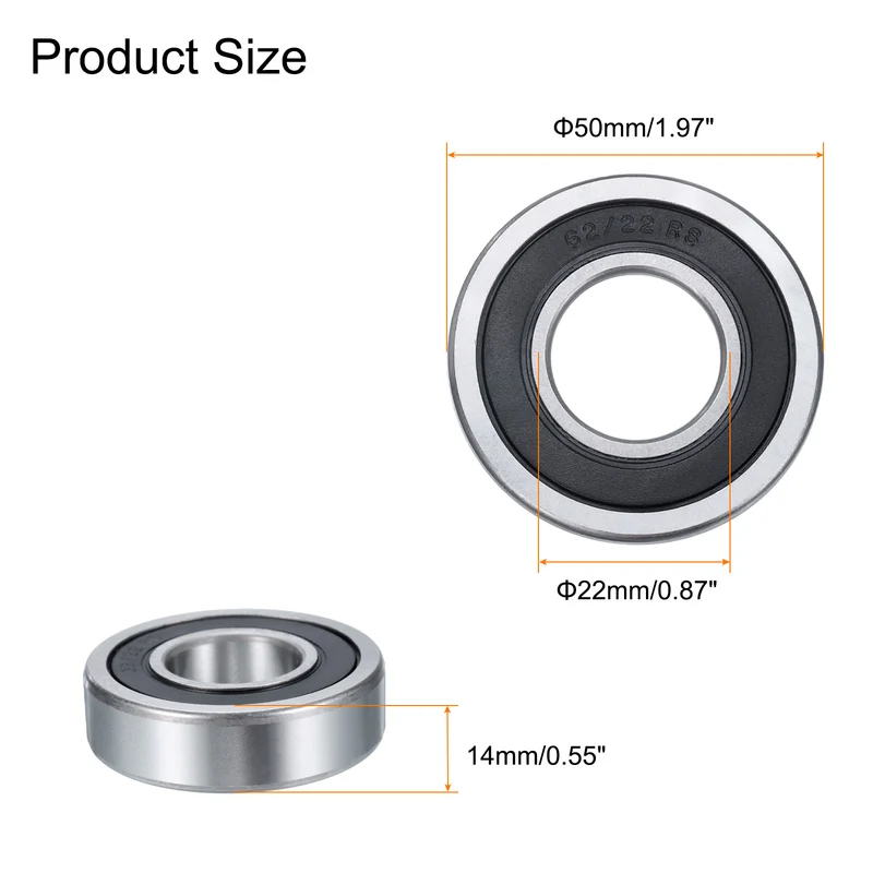 4 Pcs 62/22-2RS Deep Groove Ball Bearing, 22x50x14 mm Double Sealed Bearing Z3