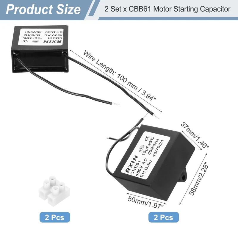 2 Pcs CBB61 Capacitor, 15uF 450V Plastic Ceiling Fan Capacitor