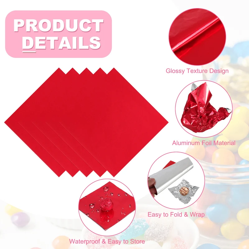 200 Pcs Candy Foil Wrappers, 7.87 x 7.87" Chocolate Wrappers, Red