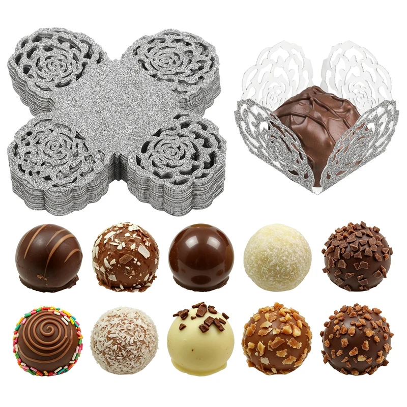 25Pcs 1.4x1.4" Glitter Rose Truffle Wrapper Cupcake Liners for Decor, Silver