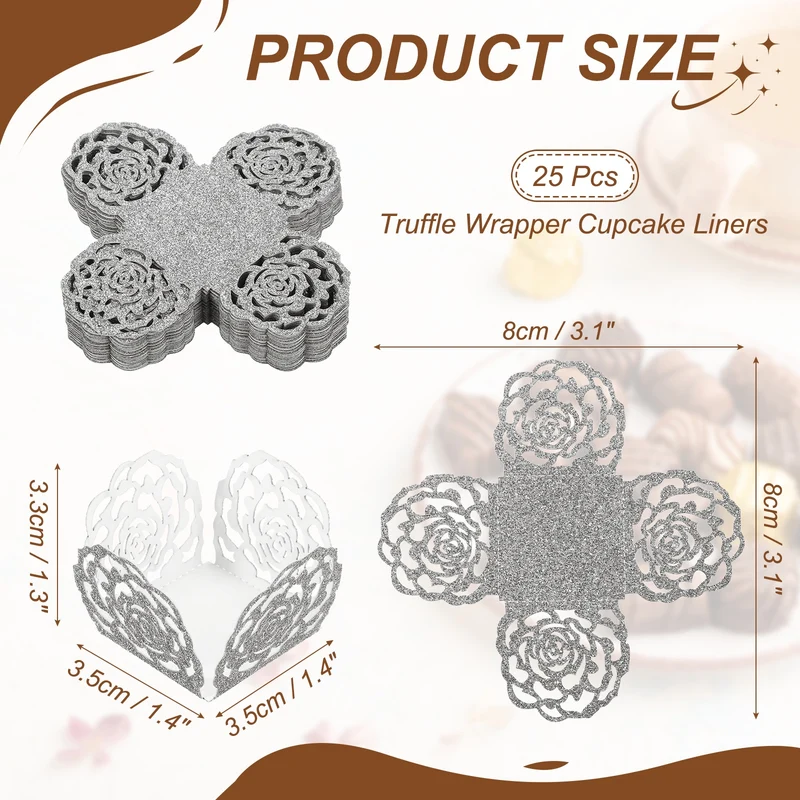 25Pcs 1.4x1.4" Glitter Rose Truffle Wrapper Cupcake Liners for Decor, Silver