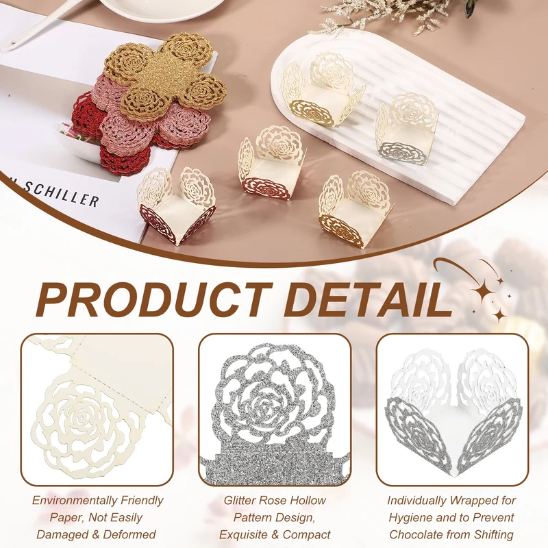25Pcs 1.4x1.4" Glitter Rose Truffle Wrapper Cupcake Liners for Decor, Silver