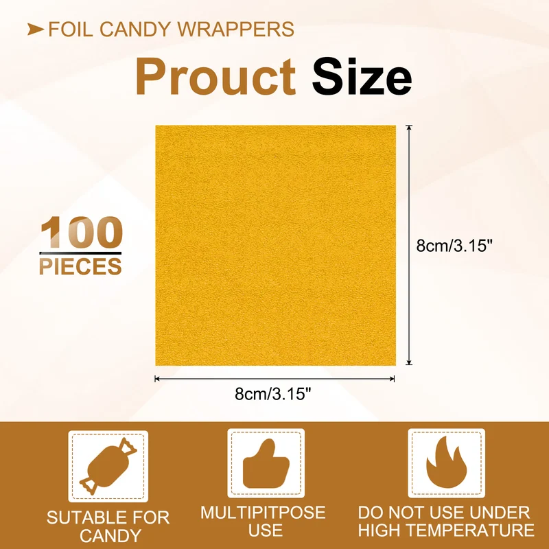 Foil Candy Wrappers 3x3 Inch, 100 Pcs Gold Orange Pattern Paper for Candy