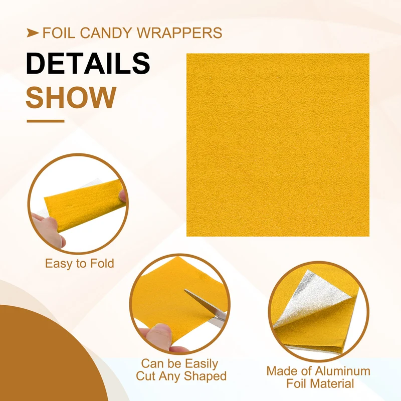 Foil Candy Wrappers 3x3 Inch, 100 Pcs Gold Orange Pattern Paper for Candy