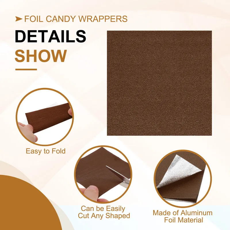 Foil Candy Wrappers 3x3 Inch, 100 Pcs Brown Orange Pattern Paper for Candy