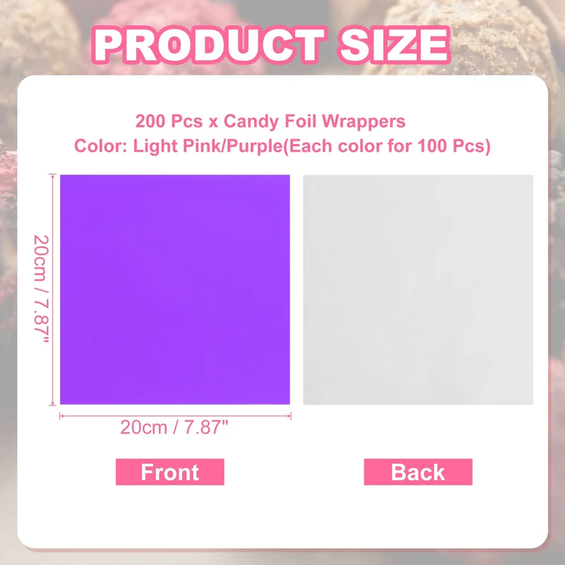 200 Pcs Candy Foil Wrappers, 7.87 x 7.87" Chocolate Wrappers, Light Pink/Purple