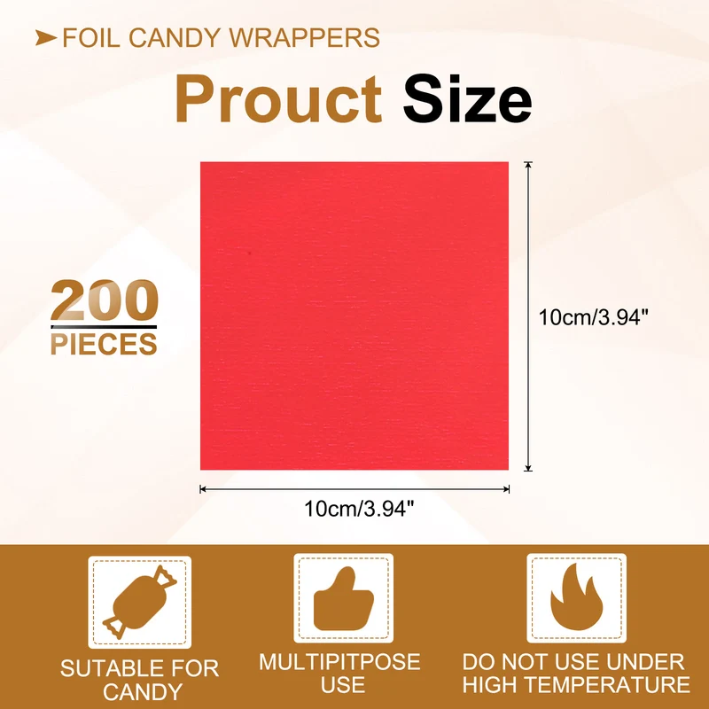 200 Pcs 4x4 Inch Foil Candy Wrappers Chocolate Wrapping Paper Red
