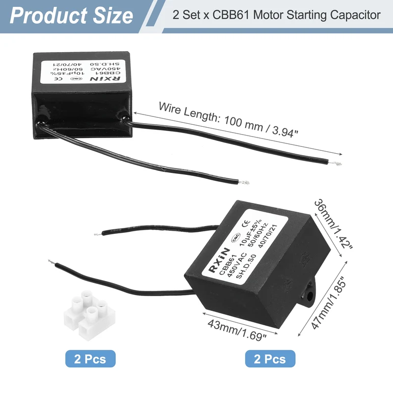 2 Pcs CBB61 Capacitor, 10uF 450V Plastic Ceiling Fan Capacitor