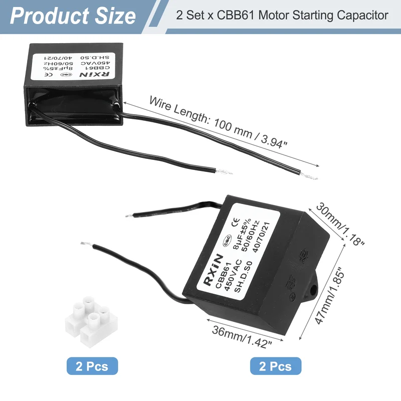 2 Pcs CBB61 Capacitor, 8uF 450V Plastic Ceiling Fan Capacitor