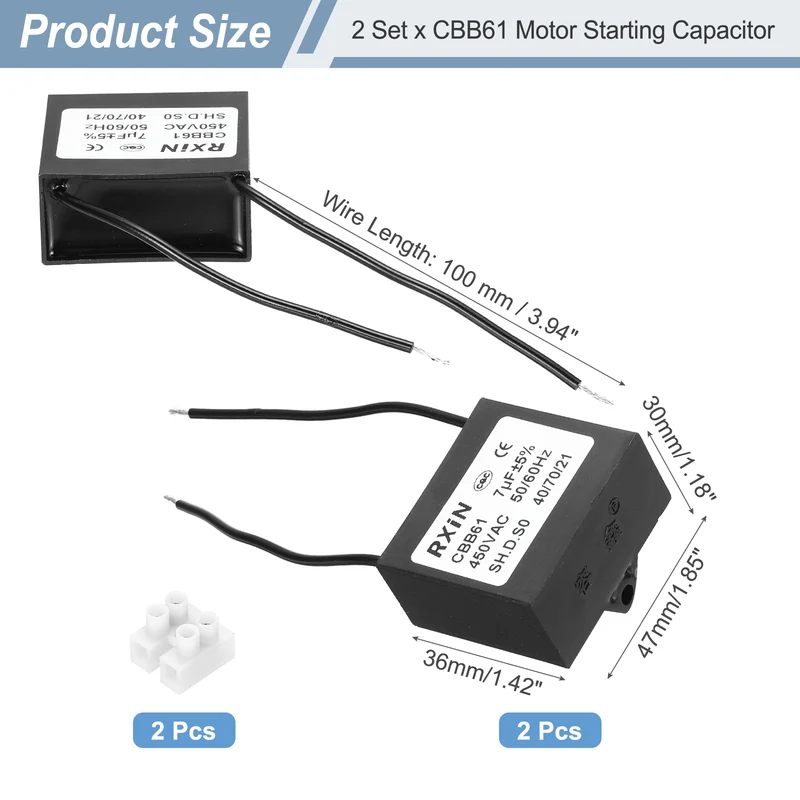 2 Pcs CBB61 Capacitor, 7uF 450V Plastic Ceiling Fan Capacitor