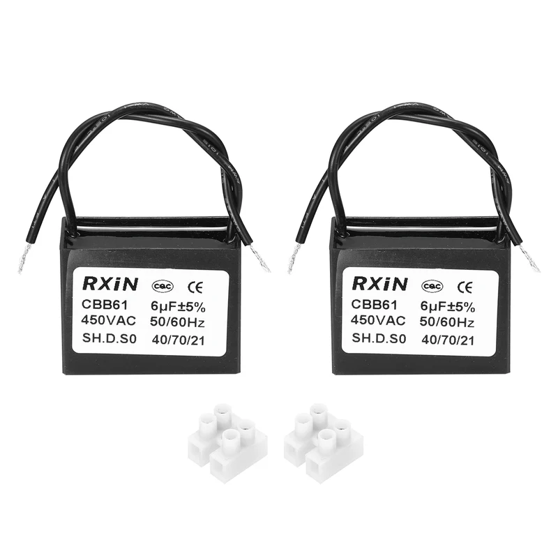 2 Pcs CBB61 Capacitor, 6uF 450V Plastic Ceiling Fan Capacitor