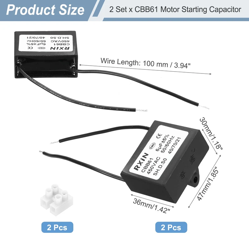 2 Pcs CBB61 Capacitor, 6uF 450V Plastic Ceiling Fan Capacitor
