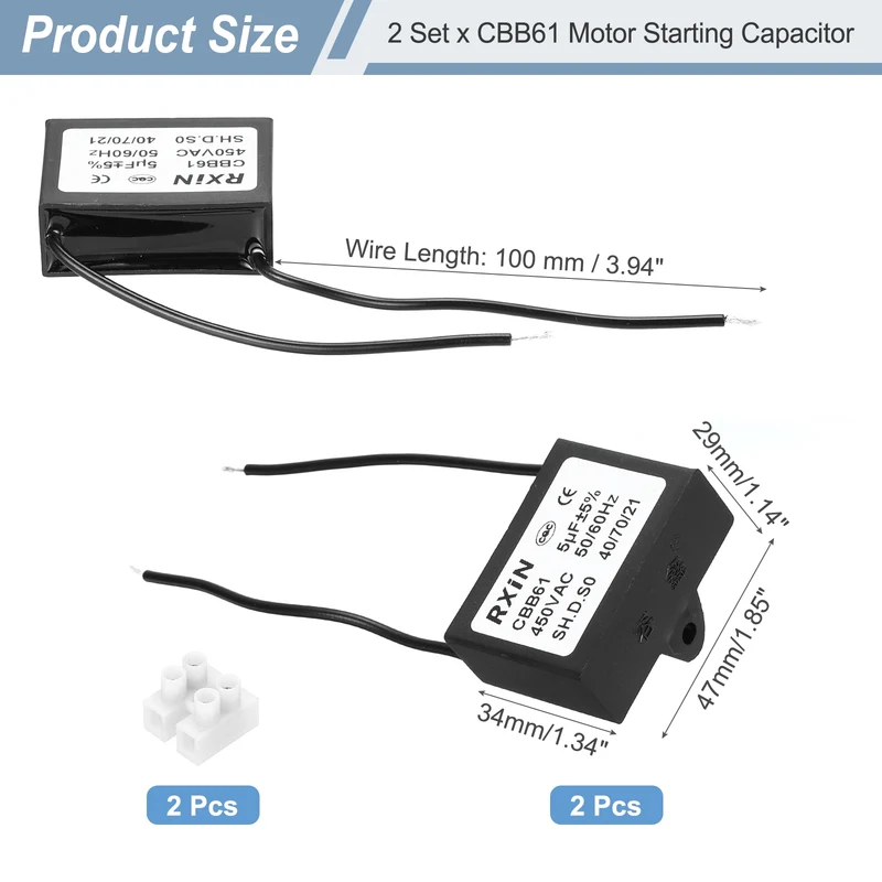 2 Pcs CBB61 Capacitor, 5uF 450V Plastic Ceiling Fan Capacitor