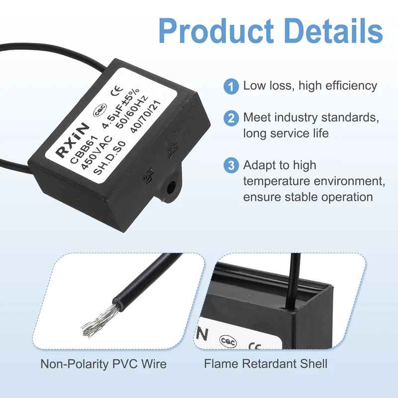 2 Pcs CBB61 Capacitor, 4.5uF 450V Plastic Ceiling Fan Capacitor
