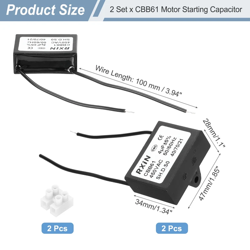 2 Pcs CBB61 Capacitor, 4uF 450V Plastic Ceiling Fan Capacitor