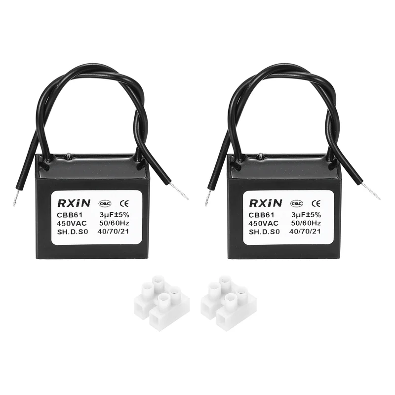 2 Pcs CBB61 Capacitor, 3uF 450V Plastic Ceiling Fan Capacitor