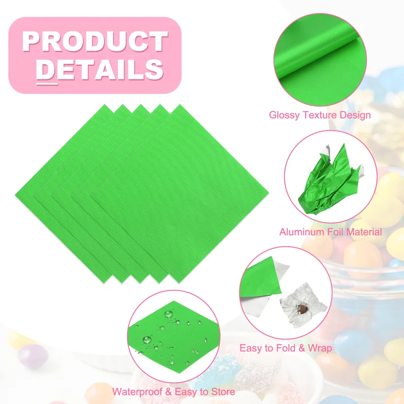 100 Pcs Candy Foil Wrappers, 4.7 x 4.7 Inch Chocolate Wrappers, Green