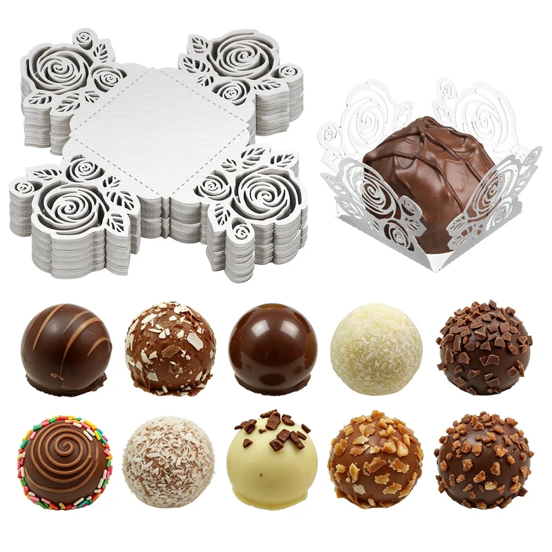 50Pcs 1.4x1.4" Rose Shape Truffle Wrapper Cupcake Liners for Decor, Silver