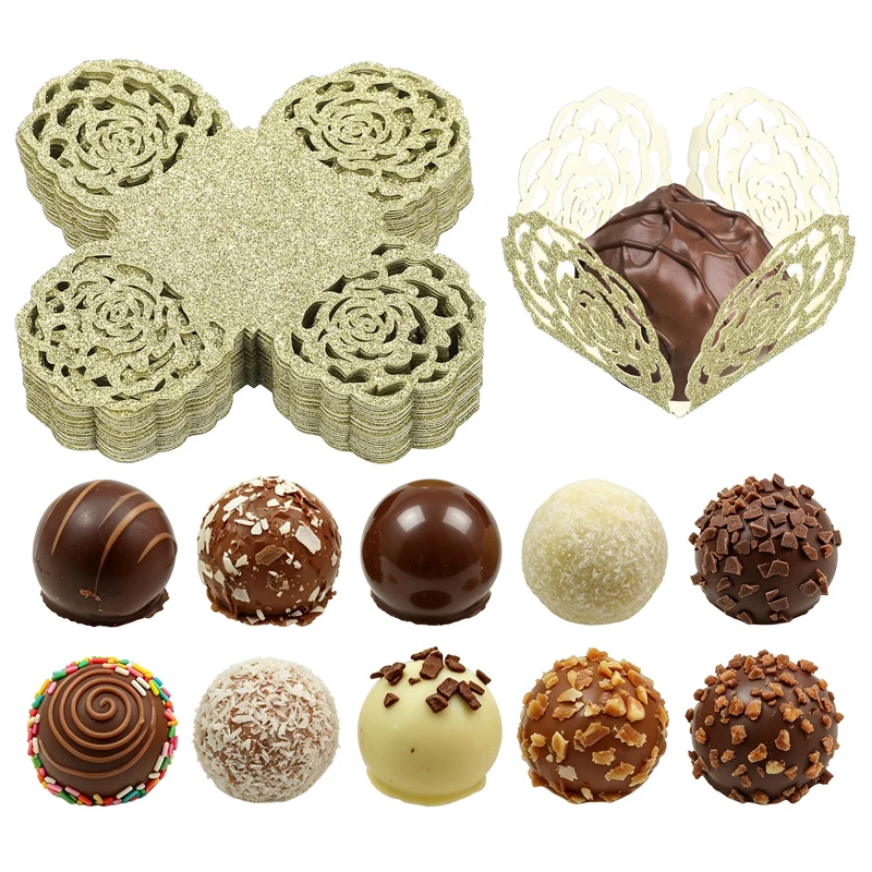 25Pcs 1.4x1.4" Glitter Rose Truffle Wrapper Cupcake Liners for Decor, Cyan Gold