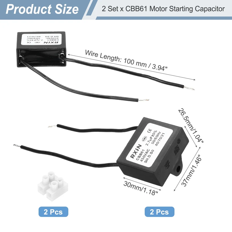 2 Pcs CBB61 Capacitor, 2.7uF 450V Plastic Ceiling Fan Capacitor