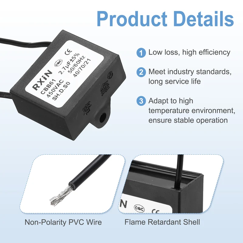 2 Pcs CBB61 Capacitor, 2.7uF 450V Plastic Ceiling Fan Capacitor
