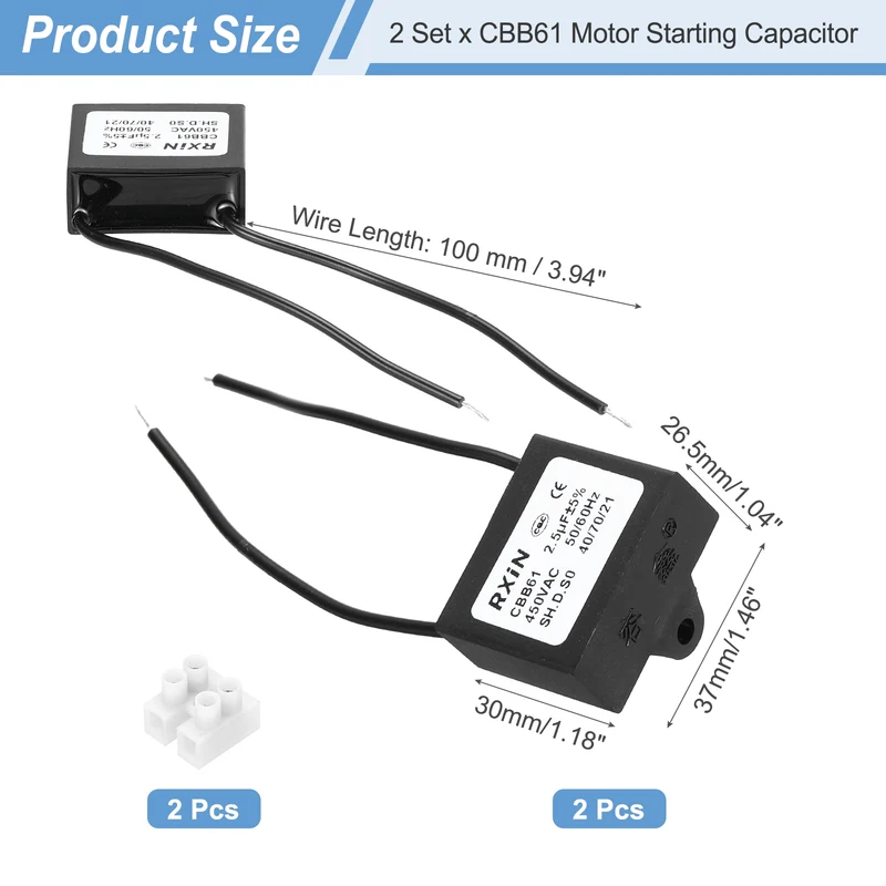 2 Pcs CBB61 Capacitor, 2.5uF 450V Plastic Ceiling Fan Capacitor
