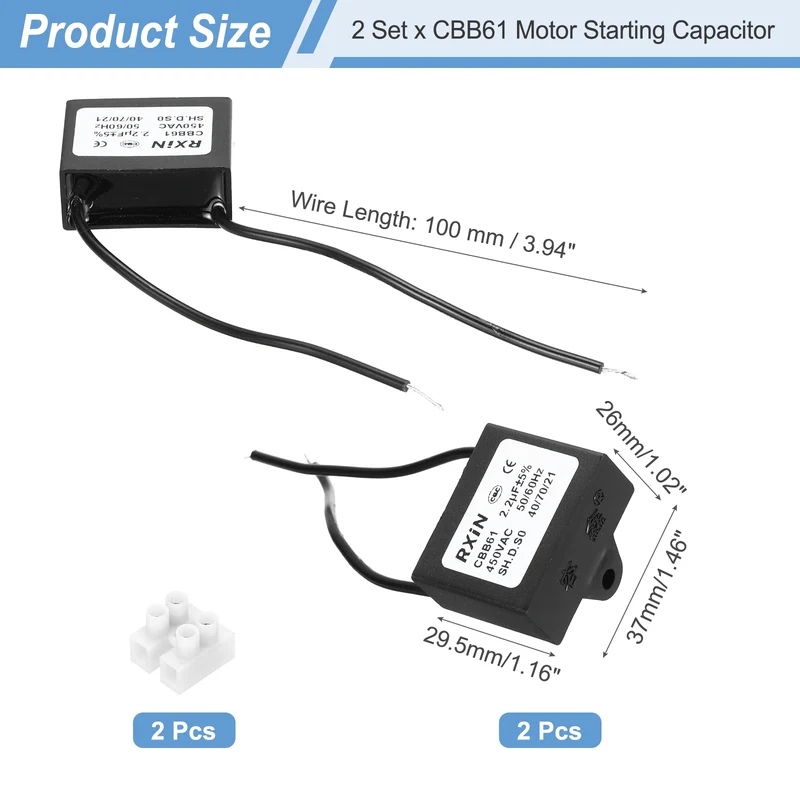 2 Pcs CBB61 Capacitor, 2.2uF 450V Plastic Ceiling Fan Capacitor