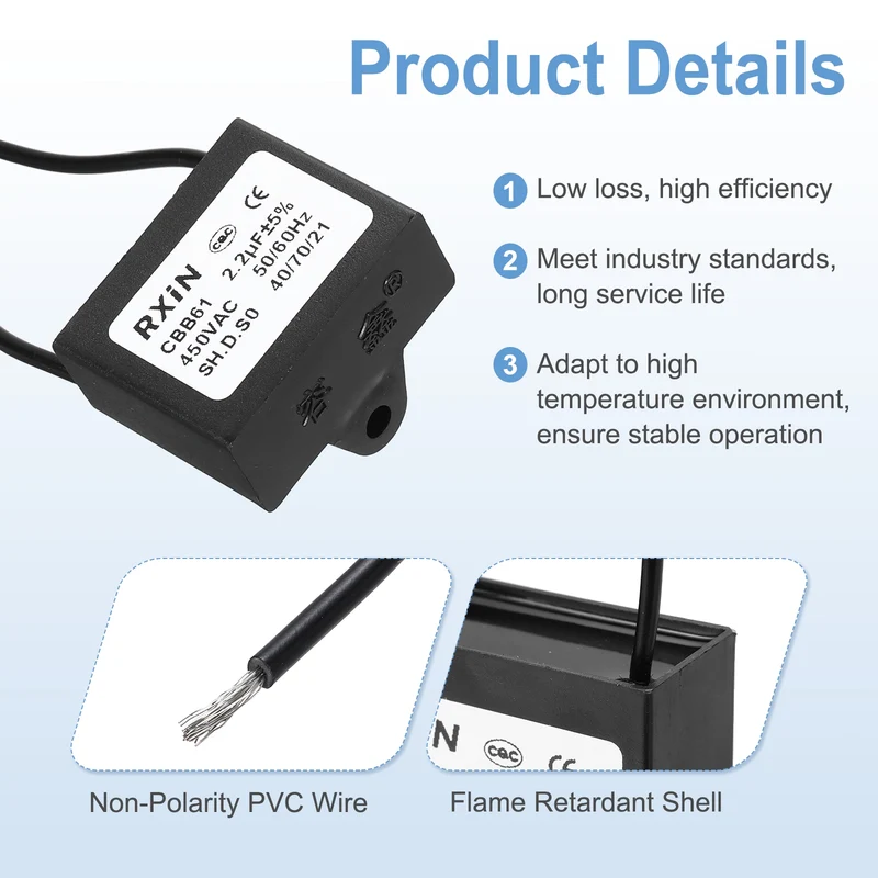 2 Pcs CBB61 Capacitor, 2.2uF 450V Plastic Ceiling Fan Capacitor