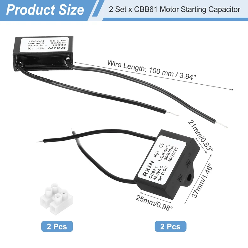 2 Pcs CBB61 Capacitor, 1.5uF 450V Plastic Ceiling Fan Capacitor