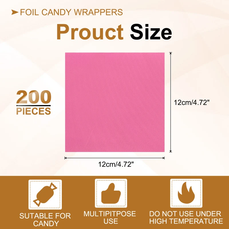 200 Pcs 5x5 Inch Foil Candy Wrappers Chocolate Wrapping Paper Light Pink