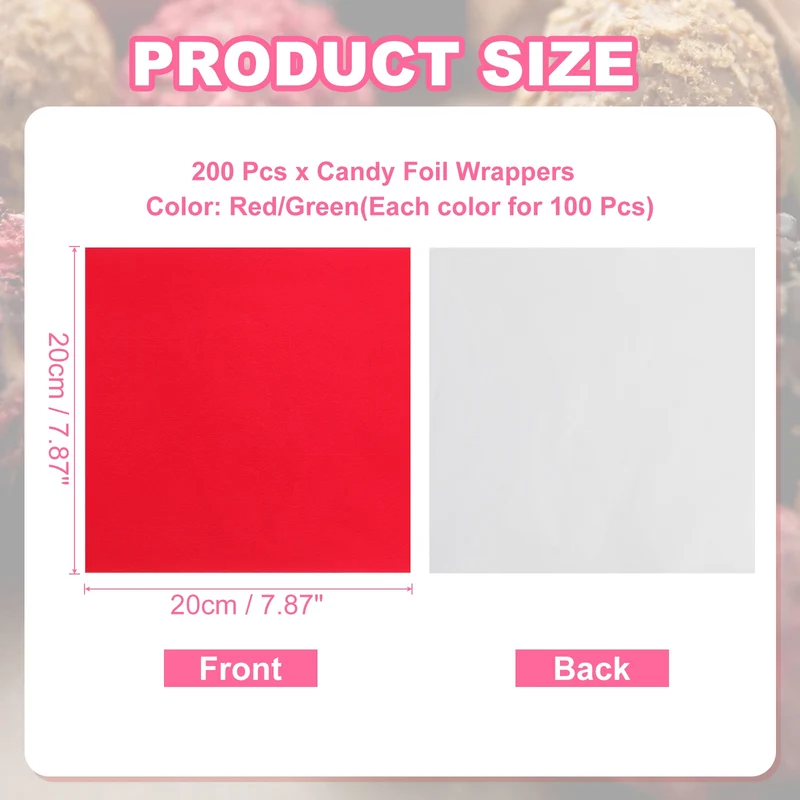 200 Pcs Candy Foil Wrappers, 7.87 x 7.87" Chocolate Wrappers, Red/Green