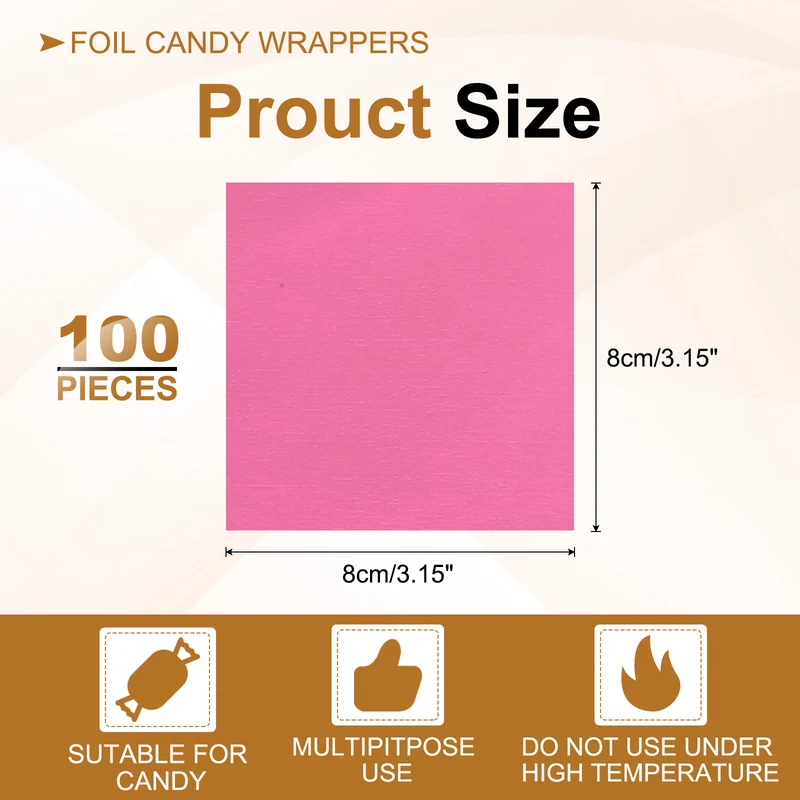 Foil Candy Wrappers 3x3 Inch, 100 Pcs Pink Glossy Paper for DIY Chocolate