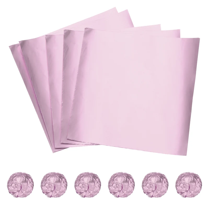 100 Pcs 3 x 3 Inch Square Aluminum Foil Candy Wrappers, Light Pink