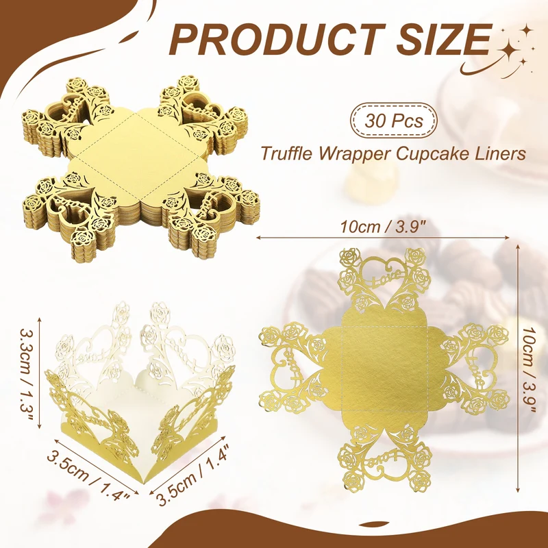 30Pcs 1.4x1.4" Love Rose Truffle Wrapper Cupcake Liners for Decor, Single Gold