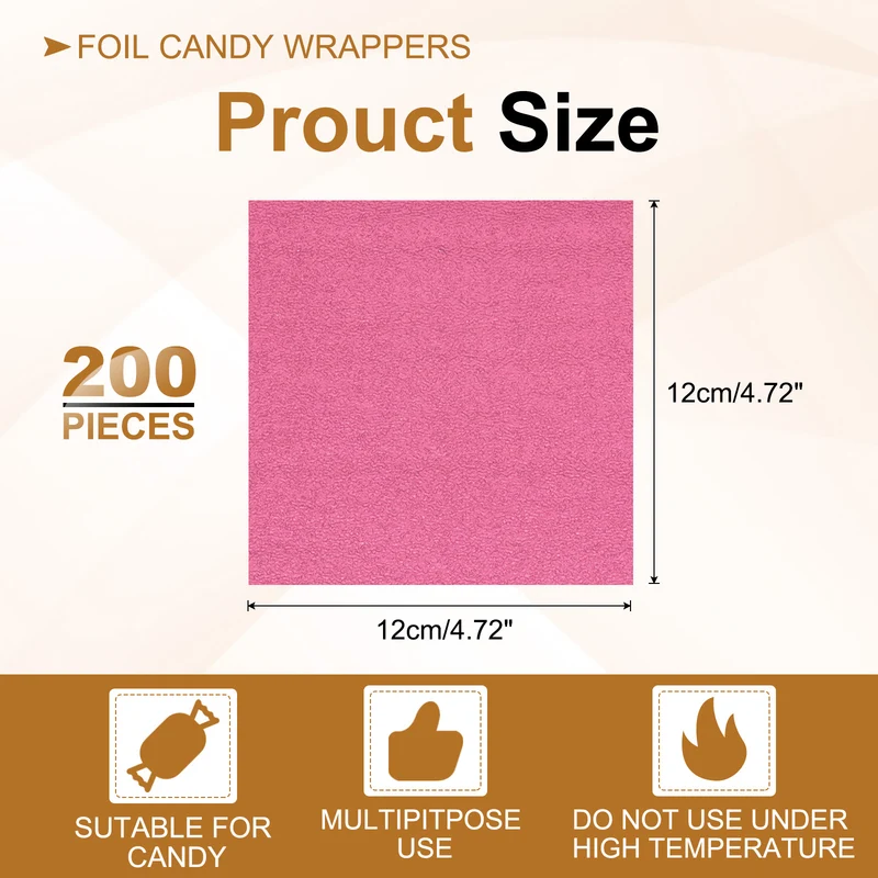 200 Pcs 5x5 Inch Foil Candy Wrappers Chocolate Wrapping Paper Dark Pink