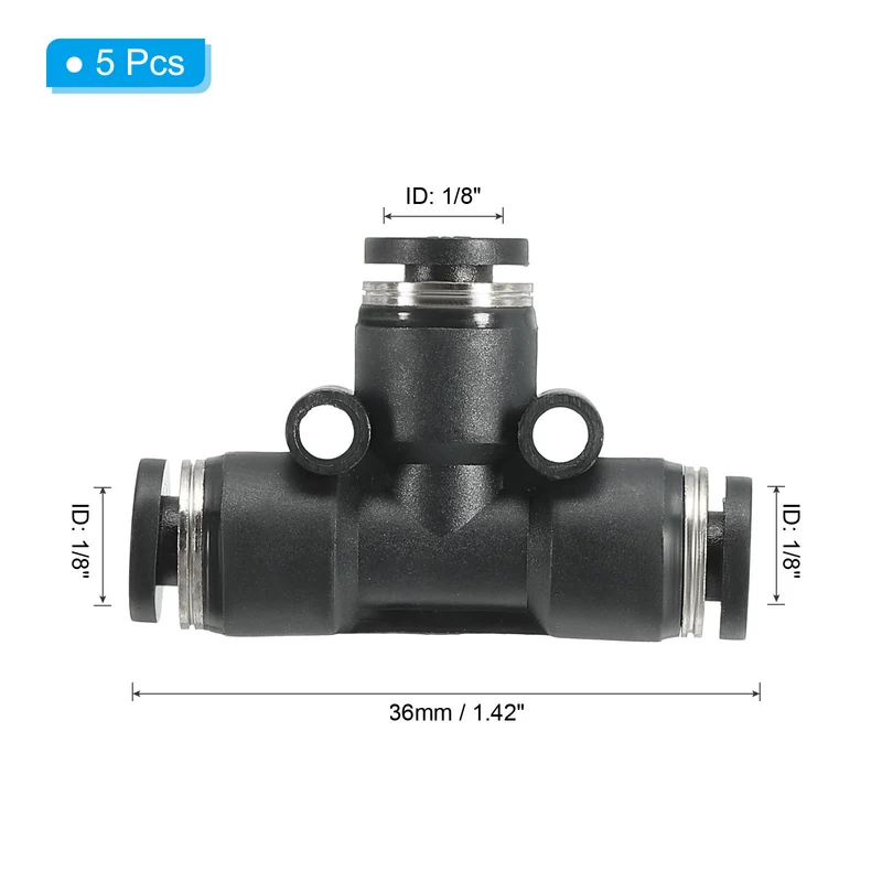 5Pcs 1/8 Inch OD Tee Plastic Push to Connect Fittings 3 Ways Tube Connect Fit