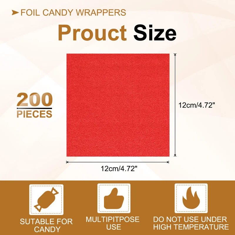 200 Pcs 5x5 Inch Foil Candy Wrappers Chocolate Wrapping Paper Dark Red