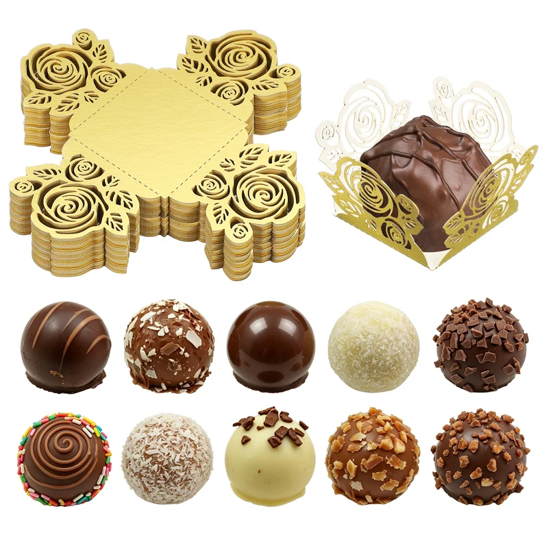 50Pcs 1.4x1.4" Rose Shape Truffle Wrapper Cupcake Liners for Decor, Gold