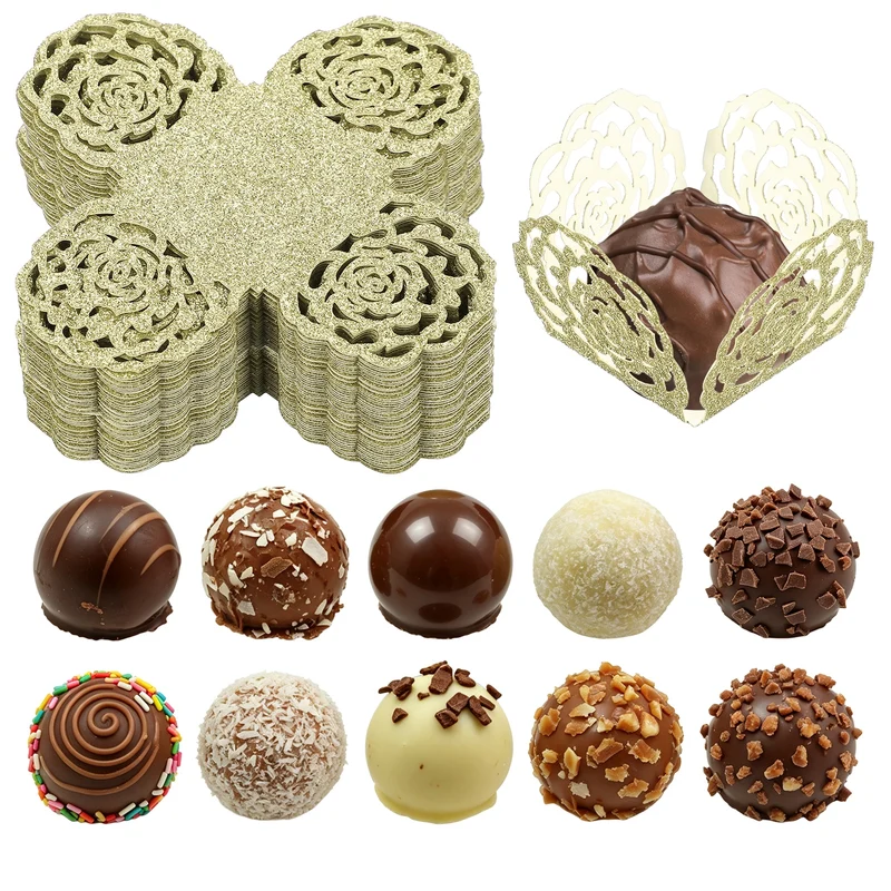 50Pcs 1.4x1.4" Glitter Rose Truffle Wrapper Cupcake Liners for Decor, Cyan Gold