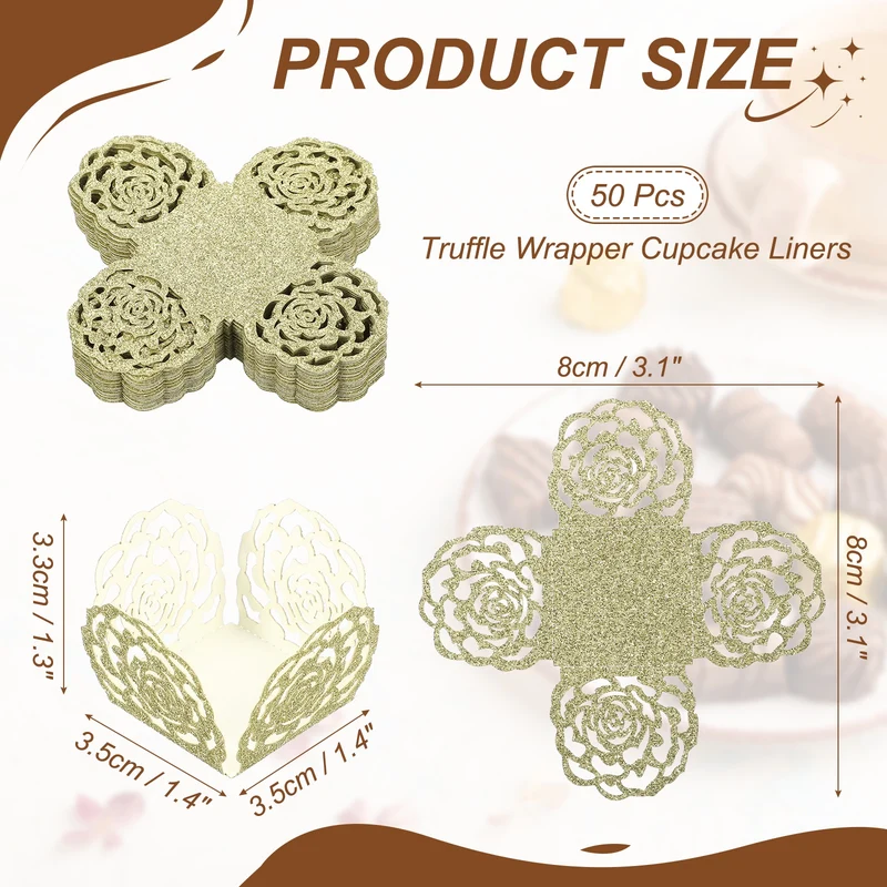 50Pcs 1.4x1.4" Glitter Rose Truffle Wrapper Cupcake Liners for Decor, Cyan Gold