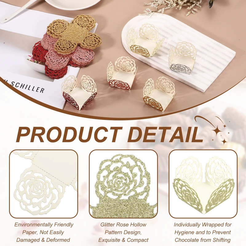 50Pcs 1.4x1.4" Glitter Rose Truffle Wrapper Cupcake Liners for Decor, Cyan Gold