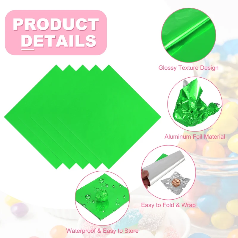 200 Pcs Candy Foil Wrappers, 7.87 x 7.87" Chocolate Wrappers, Green