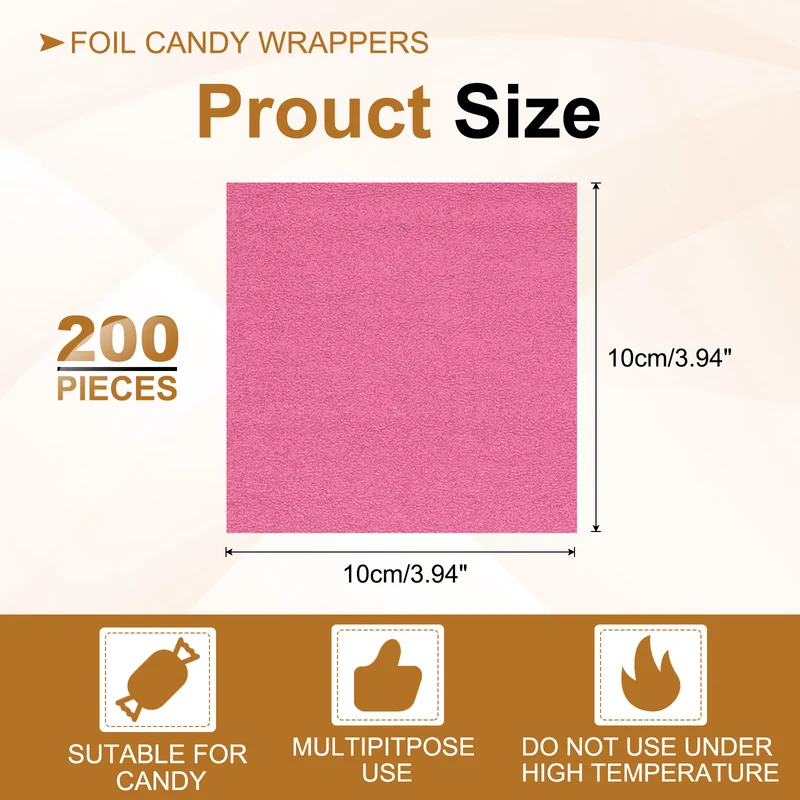 200 Pcs 4x4 Inch Foil Candy Wrappers Chocolate Wrapping Paper Dark Pink