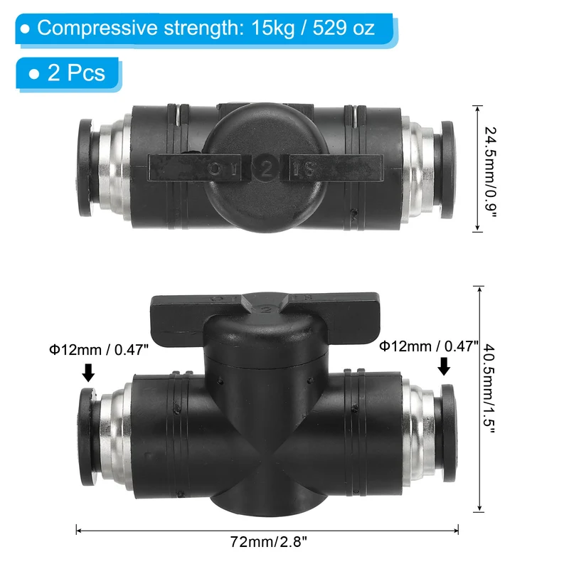 2 Pcs 1/2" Pneumatic Ball Valve, Push to Quick Connect Fittings, Black