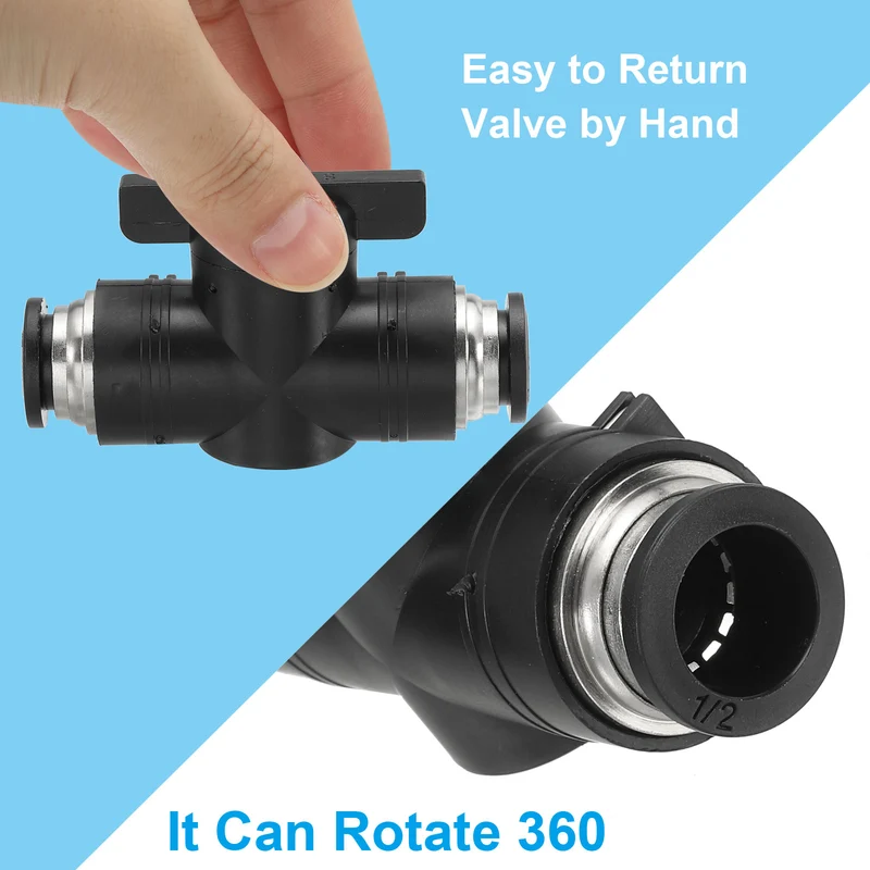 2 Pcs 1/2" Pneumatic Ball Valve, Push to Quick Connect Fittings, Black