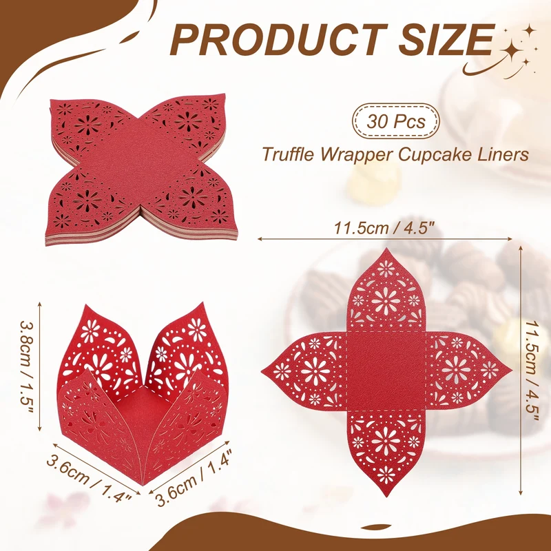 30Pcs 1.4x1.4" Snowflake Truffle Wrapper Cupcake Liners for Decor, Red
