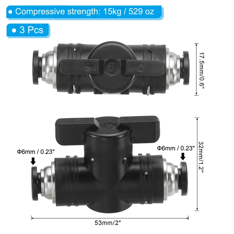 3 Pcs 1/4" Pneumatic Ball Valve, Push to Quick Connect Fittings